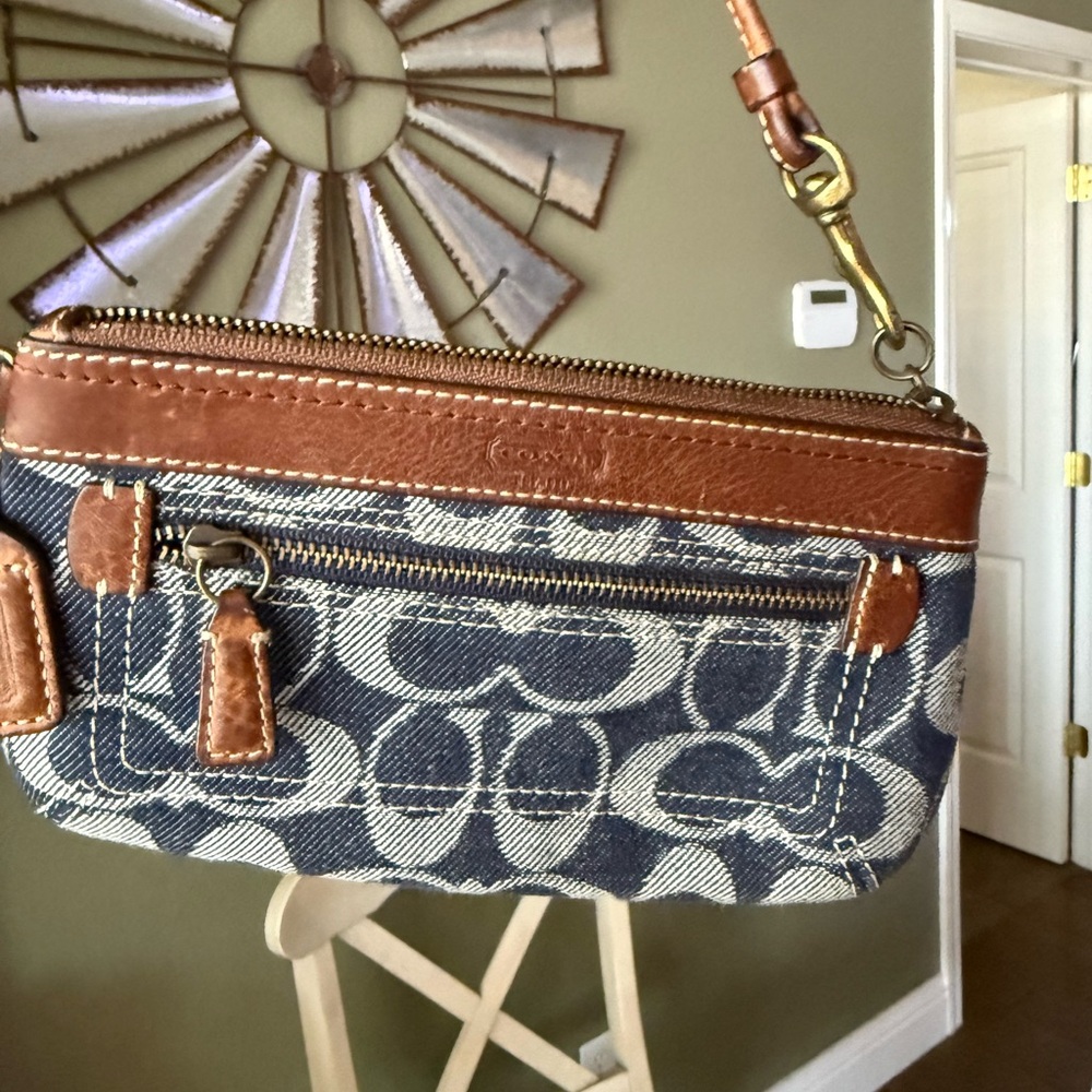 Coach Denim Navy Signature Canvas Wristlet with Brown Leather Trim